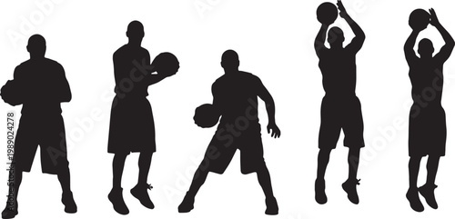 Black Solid Basketball Euro Step Silhouettes Set of Six on White Background