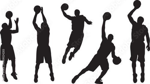 Black Solid Basketball Fadeaway Silhouettes Set of Six on White Background