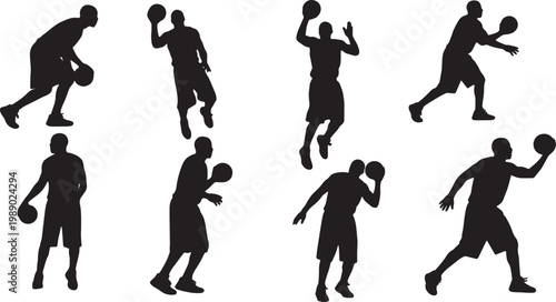 Black Solid Basketball Fadeaway Silhouettes Set of Six on White Background
