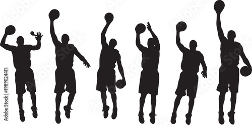 Black Solid Basketball Layup Silhouettes Set of Six on White Background