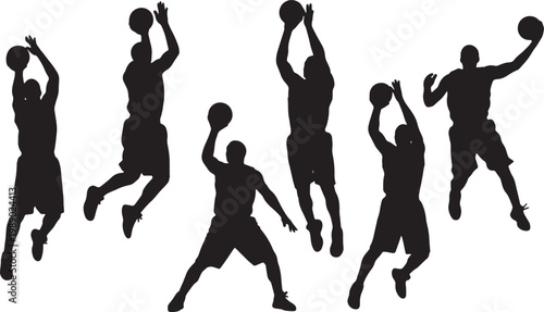 Black Solid Basketball Jump Shot Silhouettes Set of Six on White Background