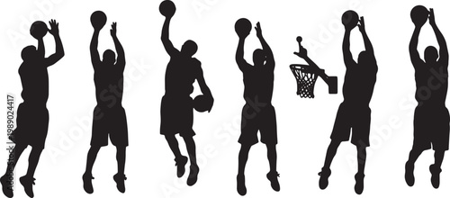 Black Solid Basketball Layup Silhouettes Set of Six on White Background