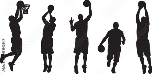 Black Solid Basketball Layup Silhouettes Set of Six on White Background