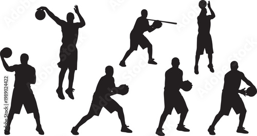 Black Solid Basketball Long Pass Silhouettes Set of Six on White Background