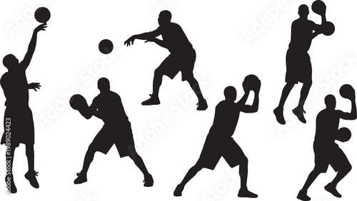 Black Solid Basketball Long Pass Silhouettes Set of Six on White Background