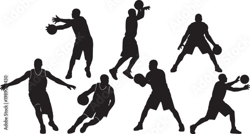 Black Solid Basketball Long Pass Silhouettes Set of Six on White Background