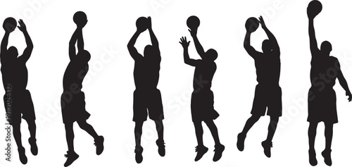 Black Solid Basketball Layup Silhouettes Set of Six on White Background