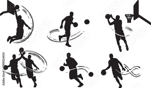 Black Solid Basketball Light Silhouettes Set of Six on White Background