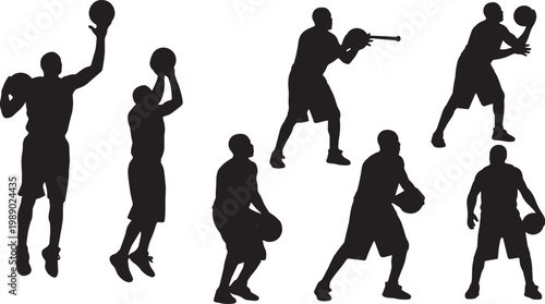 Black Solid Basketball Long Pass Silhouettes Set of Six on White Background