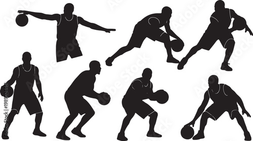 Black Solid Basketball Charging Silhouettes Set of Six on White Background