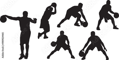 Black Solid Basketball Charging Silhouettes Set of Six on White Background