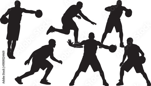 Black Solid Basketball Charging Silhouettes Set of Six on White Background