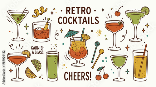 Retro cocktail doodle set with hand drawn garnish, classic drinks and vintage bar glass icons. Whimsical vector illustration for kitchen decor, party menu or creative wall art