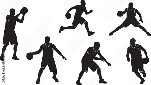 Black Solid Basketball Transition Silhouettes Set of Six on White Background