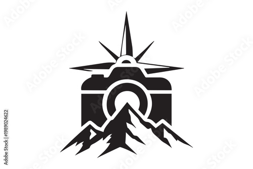 Camera superimposed on mountain peak and compass star representing travel photography adventure exploration and discovery.