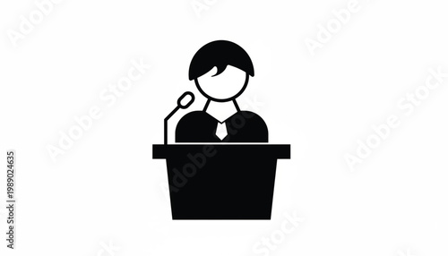 Employee icon with suit, microphone headset, and desk podium for customer support or call center services