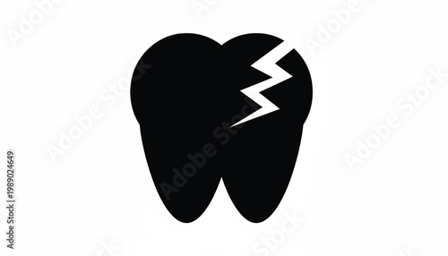 Tooth icon with white lightning bolt symbol, dental health logo graphic on clean background featuring stomatology, dentist branding, vector style