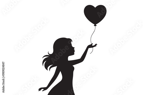 Girl silhouette releasing heart shaped balloon into sky symbolizing freedom hope dreams and letting go with joy.