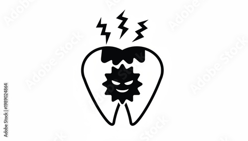 Tooth dental logo icon with angry face and zigzag lightning marks for power and protection branding featuring energy, braces, dentist with oral