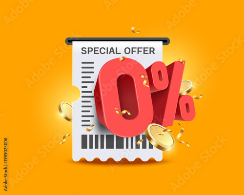 Red 3D 0% text is displayed on front of the receipt or invoice paper along with the promotional text Special offer for advertising promotions offering free fees and interest, vector 3d illustration