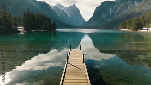 Serene Wooden Pier on Crystal Alpine Lake with Pine Forest and Majestic Mountain Landscape Reflection