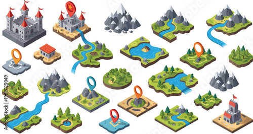 Tableau sur toile Fantasy map tile vector illustrations showing castles, rivers, forests, mountain