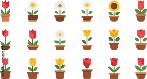 Flower pot vector icons showing tulips, daisies, sunflowers, and colorful blossoms in decorative arrangements
