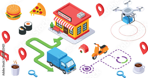 Food delivery vector illustration showing restaurant, pizza, burger, sushi, coffee, truck, scooter, drone, and location pins