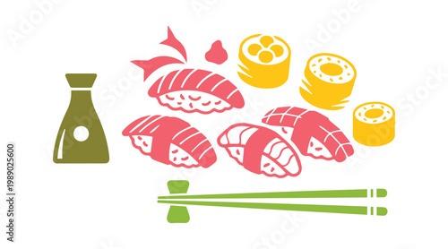 Clean cut-out style sushi set icon including fish, soy sauce, and chopsticks for restaurant design use.