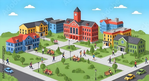Aerial view of a colorful university campus with students and cars.