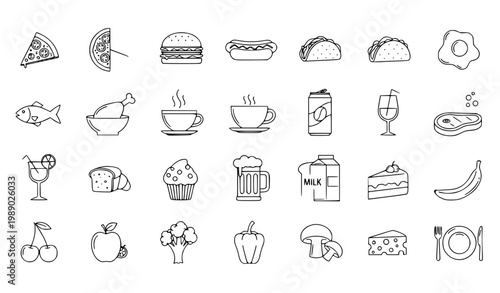 A clean and minimalist black and white vector icon set featuring various food and drink items. Includes fast food like burgers, fries, pizza, as well as healthy options such as salad, fruits, and vege