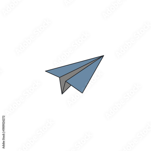 Blue paper airplane flying on white background