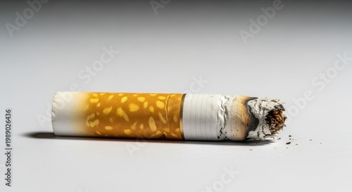 A partially smoked cigarette with ash and tobacco against a stark background illustrating health