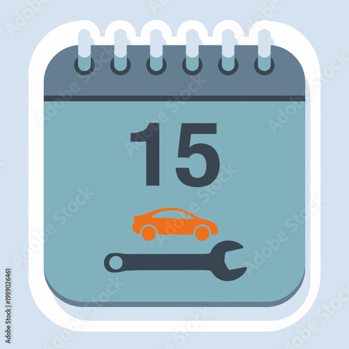 Car Service Reminder Calendar Icon: 15th Day, Wrench and Car Illustration