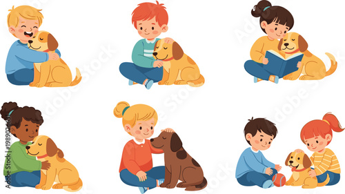 Children and dog cartoon vector illustrations showing friendship, play, hugging, reading, and companionship