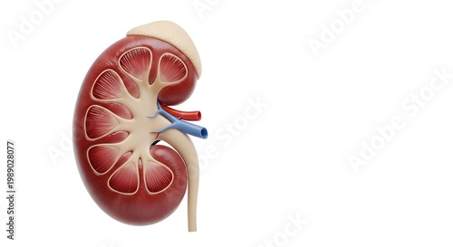 Detailed anatomical illustration of a human kidney on a white background.