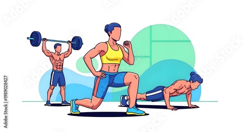 Fitness training illustration with people doing different exercises.