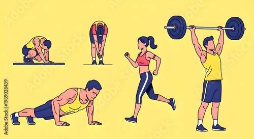 Vector illustration of people doing different exercises on a yellow background.