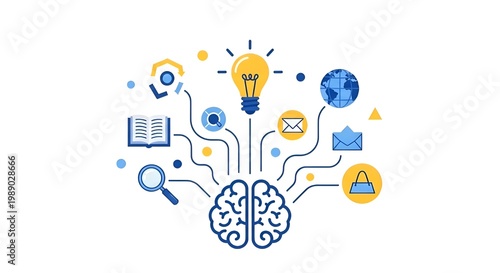 Brainstorming concept with lightbulb and icons for creative ideas.
