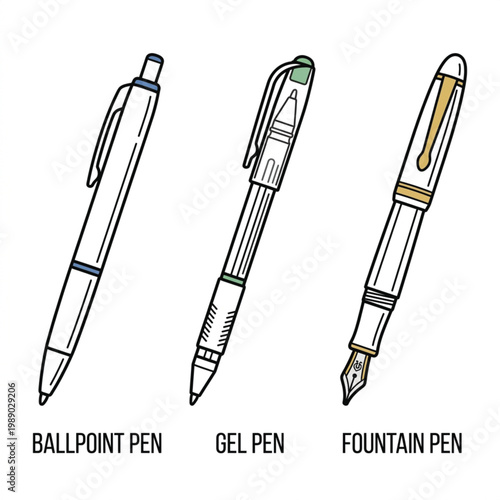 Ballpoint Gel and Fountain Pen Illustration | Writing Pen Types Line Art | Ballpoint Gel Fountain Pens Set Macro
