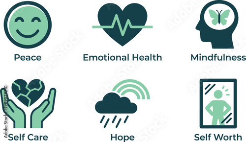 A serene illustration depicts emotional wellness icons representing peace, self care, and mindfulness.