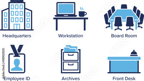 Office environment with workstation, board room, employee ID, archives, and front desk