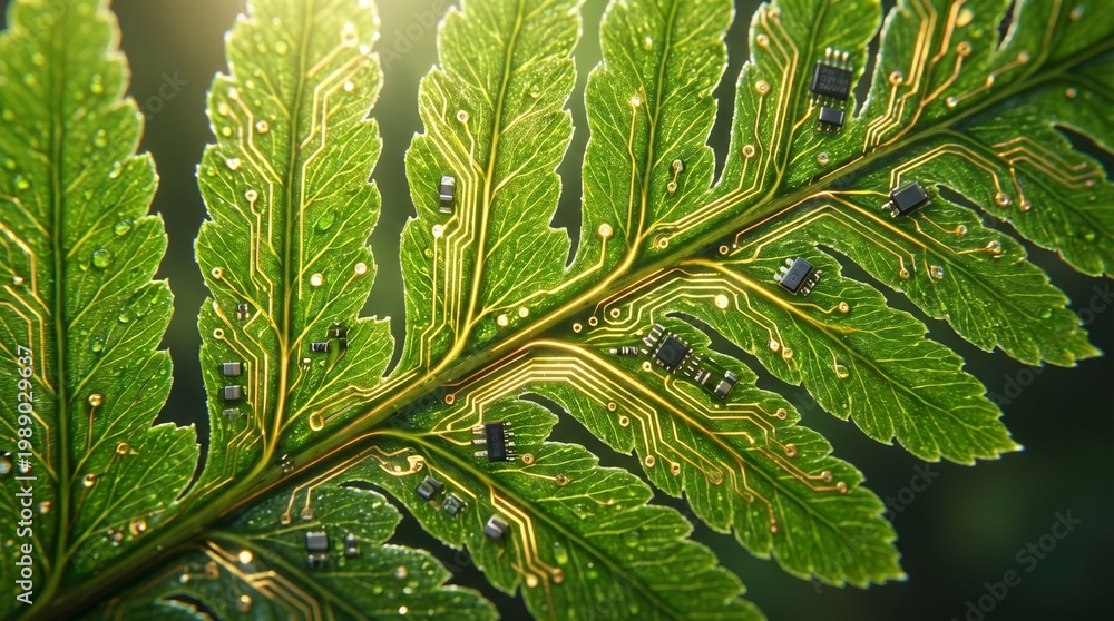 Fototapeta premium Green leaf with gold computer circuit veins