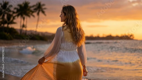 Cinematic Woman Enjoying Tropical Island Sunset In Motion. Tropical Coastline, Warm Sunset Color, And A Distant Horizon Shape The Island Portrait