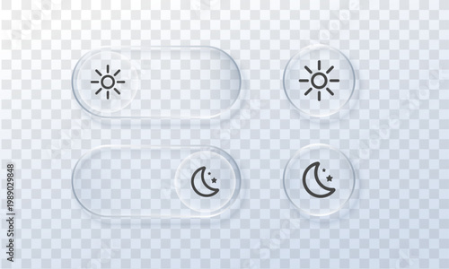 Modern UI toggle with crescent moon and daylight icons. Minimalist switch control featuring gradient glow, perfect for app theme selection and screen settings.
