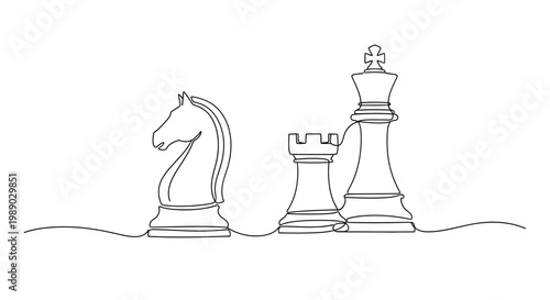 Continuous line drawing of chess pieces: knight, rook, king
