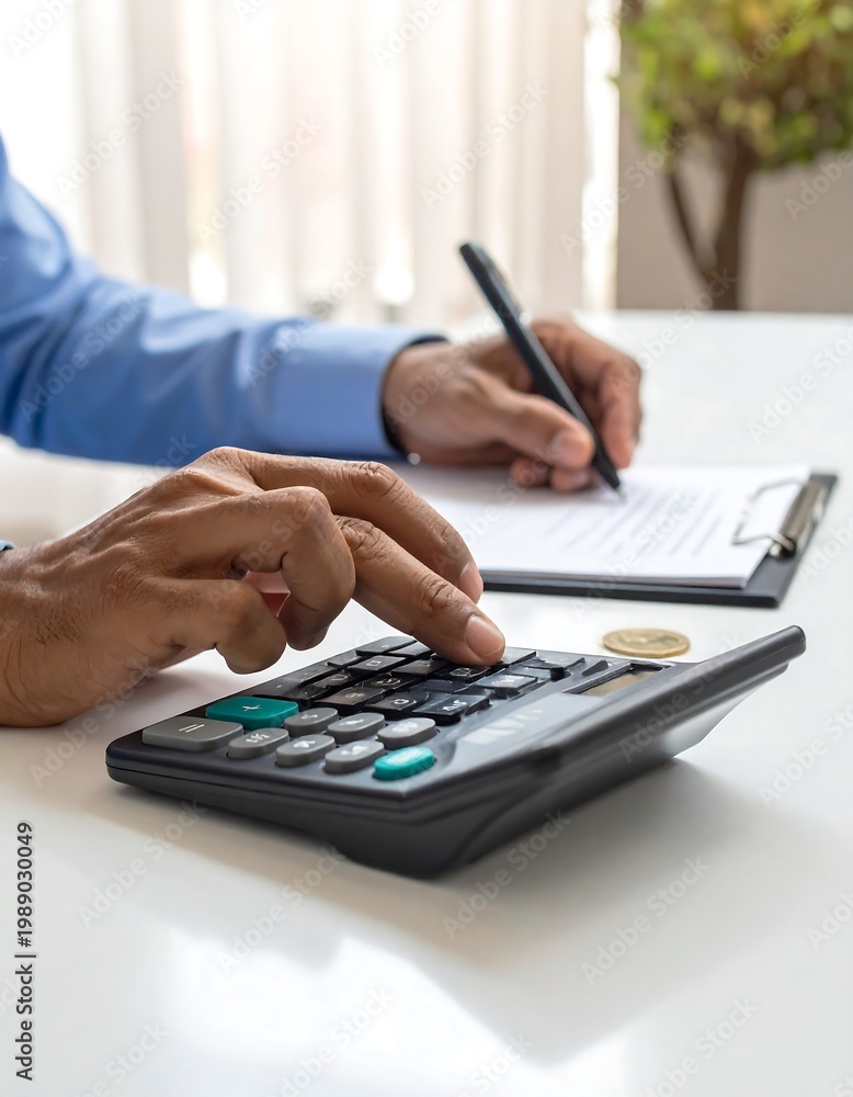 Fototapeta premium Person using calculator and writing notes.