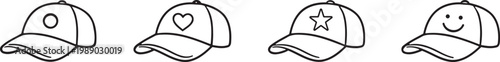Four hand drawn baseball caps with unique embellishments in a simple black and white style