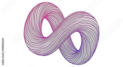 3d rendered infinity loop symbol in gradient pink and purple wireframe design
