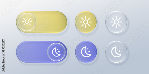 3D glass toggle slider switching from sun to moon. Glossy night mode button with transparent effect for web and mobile interface design elements